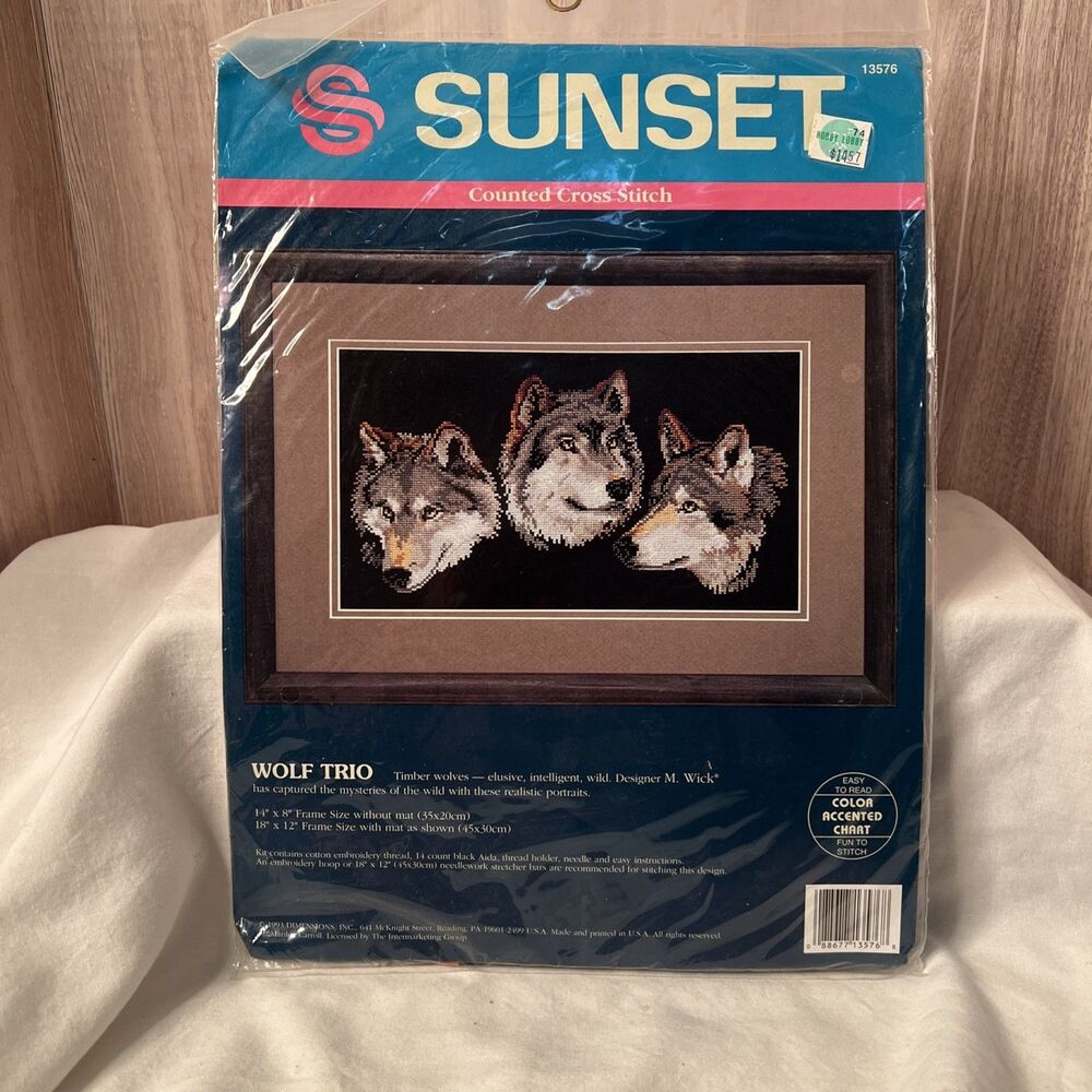 Vintage 1993 Sunset "Wolf Trio" Counted Cross Stitch Kit Wolves- New